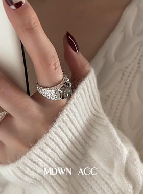 日韩S925银熔岩戒指女复古时尚个性凹凸小白茶开口指环嘻哈食指戒