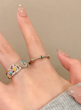 S925镀银精致彩色星星戒指女几何个性竹节百搭叠戴开口指环网红创