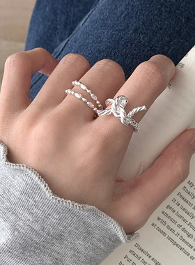 S925镀银简约线条绳结戒指女几何不规则麻花百搭开口指环小众时尚