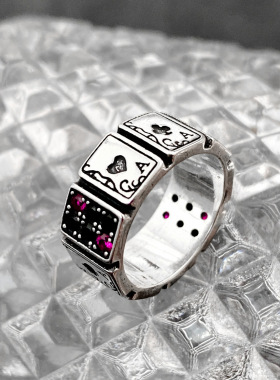 s925银扑克牌锆石复古戒指女夸张小众设计精致时尚个性开口食指环