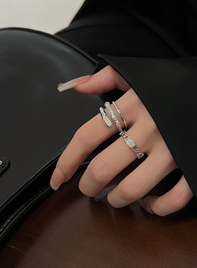 S925镀银线条多层戒指女轻奢微镶闪亮锆石网红风S925银开口指环i