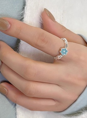 【两件包邮】小清新滴釉小花戒指女仿珍珠银色弹力串珠S925镀银指