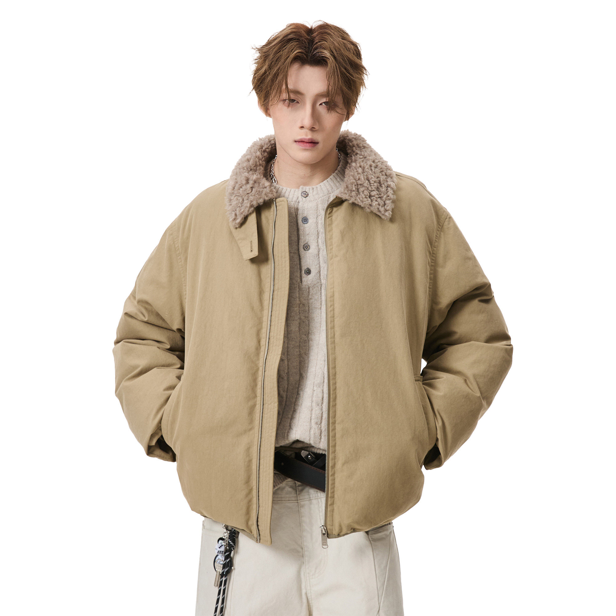 ALLIN 美式毛领拼接羽绒服男生冬季加厚保暖翻领夹克休闲情侣外套