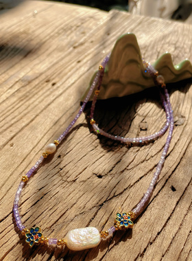 天然紫水晶巴洛克珍珠项链不对称设计精致长链高级感设计款