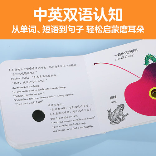 奇妙洞洞书0-3岁蒙氏婴儿早教绘本乐乐趣中英双语版系列宝宝毛毛虫吃什么呢感官启蒙认知推拉儿童触摸触感机关益智玩具幼儿籍1岁2 - 图2