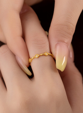 欧若拉｜法式复古S925纯银镀金菱形镶钻戒指女轻奢高级感食指环