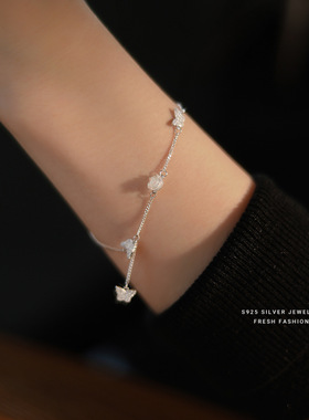 陌上花开｜S925纯银清冷白玫瑰镶钻蝴蝶手链女轻奢高级女手饰礼物