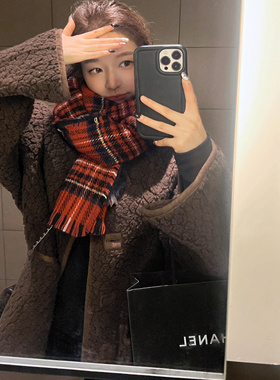 圣诞新年红格加厚保暖纹绒里围巾