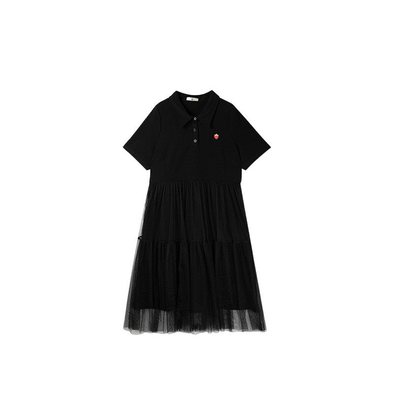 2024新款大码女装妹妹气质时尚网纱拼接衬衫领连衣裙纯色显瘦潮流