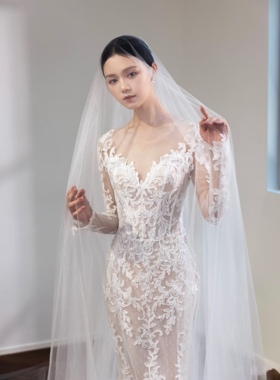 头纱新娘主婚纱长款3米大拖尾简约素超透高清软纱素纱摄影高级感