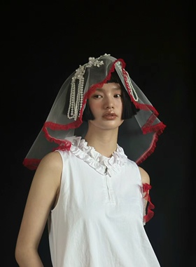 短款个性跟妆头纱造型花边新娘求婚头饰高级感小众摄影样片道具