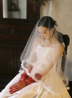 法式复古蕾丝花边短款新娘主婚纱结婚婚礼求婚领证登记头纱头饰