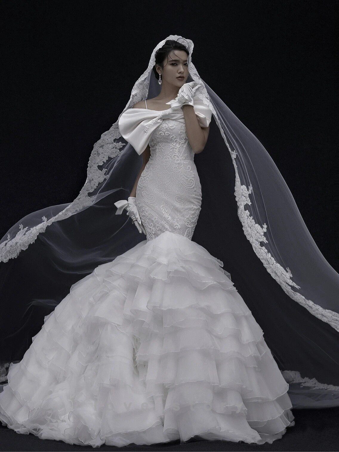 新娘头纱长款拖尾法国蕾丝花边头纱高级感影楼摄影婚纱照拍照头白