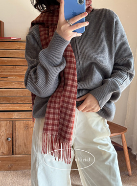 韩系秋冬100%wool流苏格纹围巾