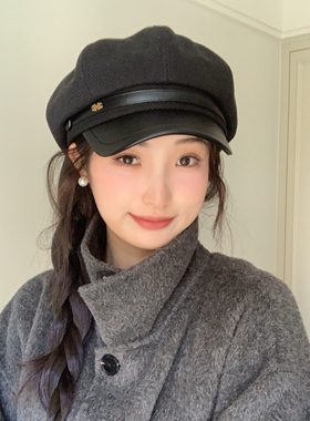 pu皮新款秋冬毛呢复古贝雷帽女