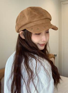 新款秋冬麂皮绒铆钉甜酷八角帽女