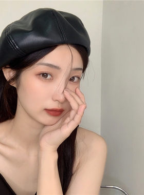贝雷帽逛街韩版女夏季pu皮质