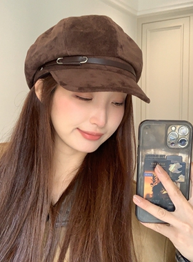 新款秋冬麂皮绒金属扣贝雷帽女