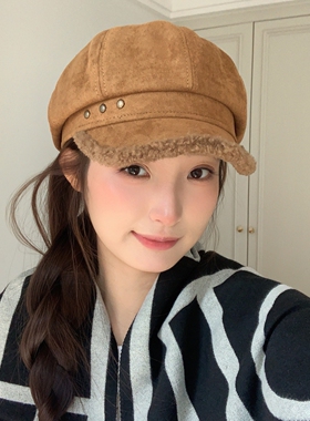 新款秋冬麂皮绒铆钉复古贝雷帽女