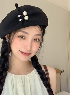 韩系逛街夏季珍珠玫红贝雷帽女