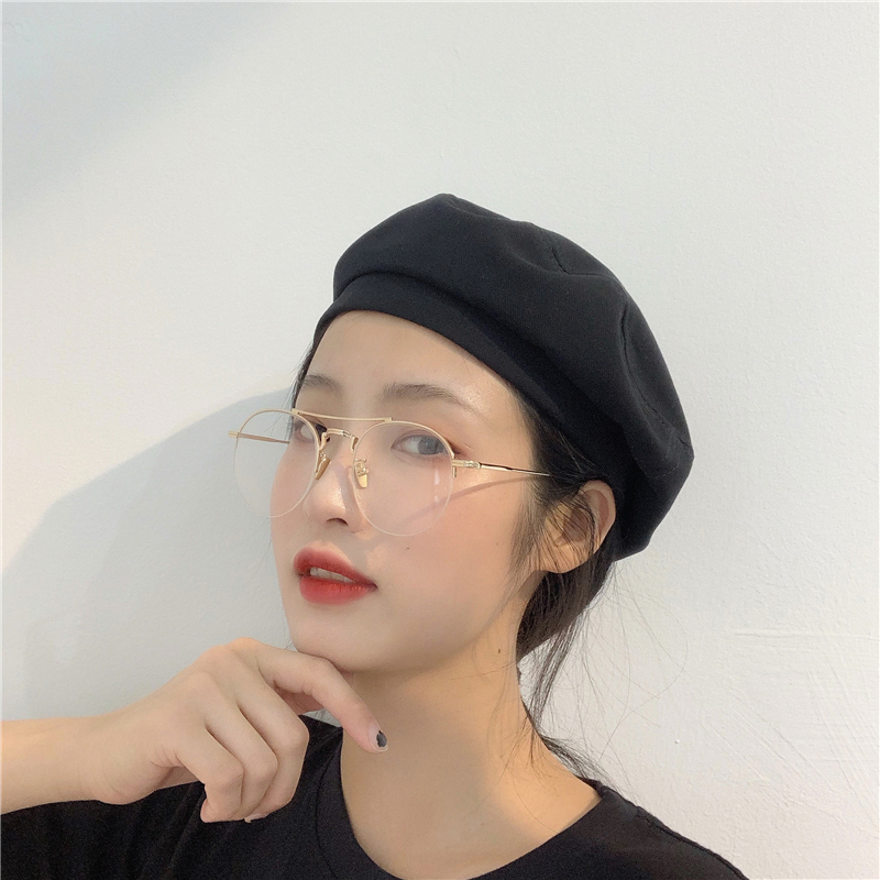 柚子家帽子黑色贝雷帽女日系夏季薄款透气复古文艺画家帽百搭气质纯色八角帽0