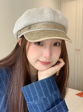 韩系新款秋冬pu皮檐拼接贝雷帽女
