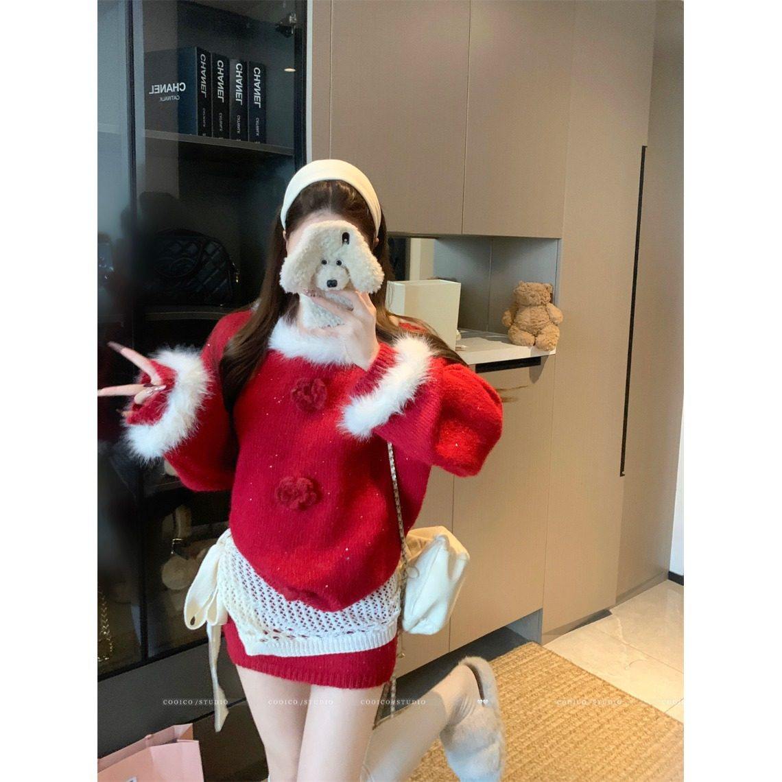 日本offcat红色斜肩毛领毛衣女秋冬镂空针织皮帘内搭包臀半身裙三,淘宝优惠券,粉丝福利购,淘宝优惠卷