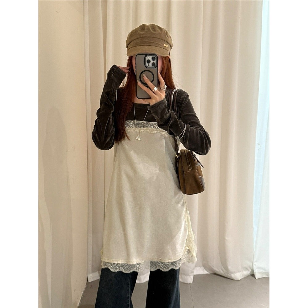 日本offcat深灰色蕾丝拼接吊带连衣裙女秋冬圆领长袖内搭2025年冬,淘宝优惠券,粉丝福利购,淘宝优惠卷