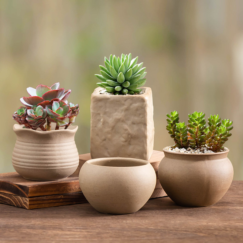 素烧粗陶多肉花盆简约仿石透气绿植花盆家用桌面陶瓷肉肉盆带托盘,淘宝优惠券,粉丝福利购,淘宝优惠卷