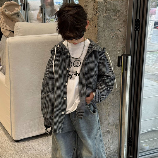 Children's hooded plaid shirt jacket design cardigan