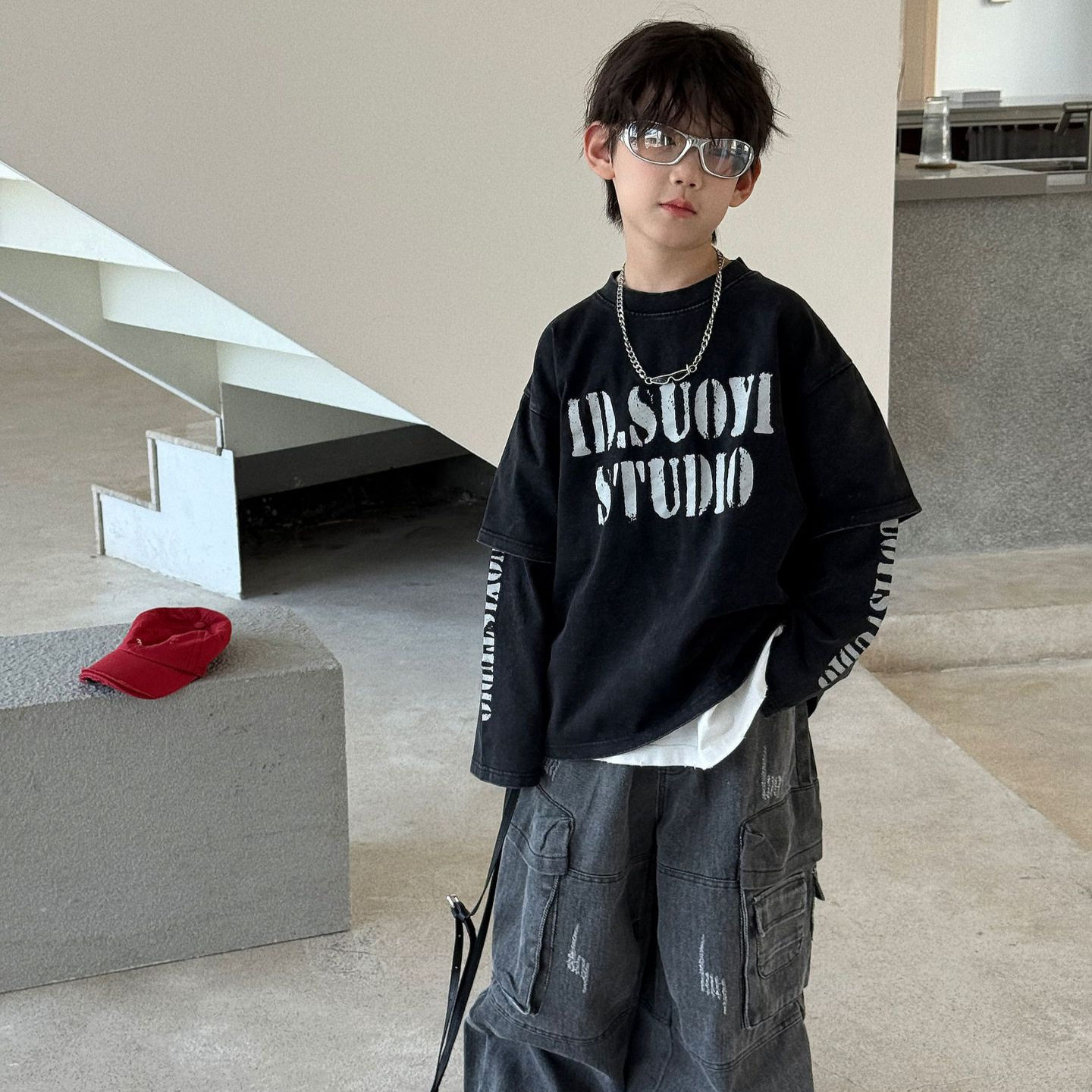 貌貌妈家2025秋季新款儿童美式T恤男女童假2件卫衣字母休闲打底衫,淘宝优惠券,粉丝福利购,淘宝优惠卷