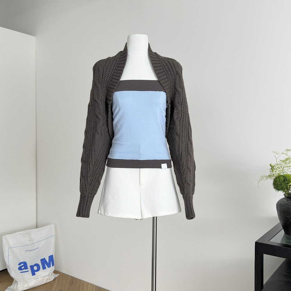VIAPITTI简约拼接撞色针织修身羊毛抹胸女装秋季休闲百搭上衣 - 图1