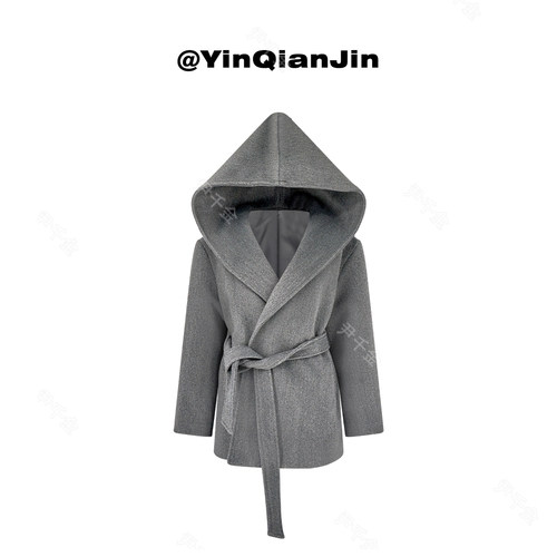 尹千金【返璞归真】高克重面料连帽款浴袍式斗篷灰色大衣W240596 - 图0