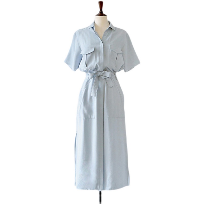 夏季新款B家自制个性高腰系带短袖蓝色连衣裙开叉裙衬衫裙