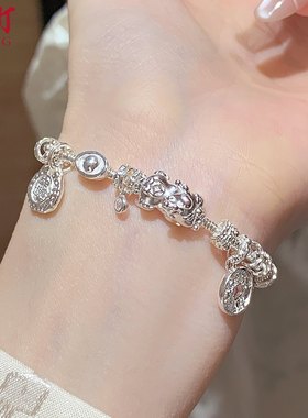 金町貔貅手链女款足银999纯银手工盘缠海蓝宝多宝手串小众叠戴