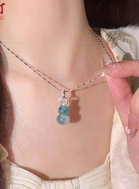 天然翡翠飘花葫芦项链女款纯银轻奢小众高级感新中式立体葫芦吊坠