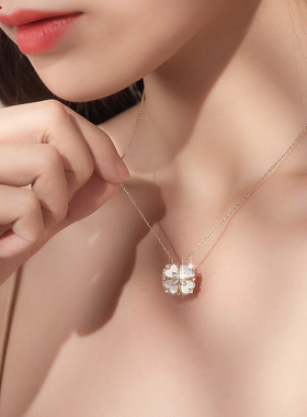 金町彩金四叶草项链女款纯银一款两戴爱心开合绿松石吊坠锁骨链