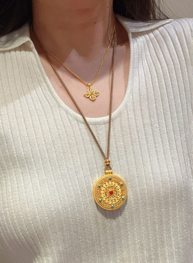 八宝罗盘项链女款纯银轻奢黄财神吊坠编织绳国风新中式毛衣链秋冬