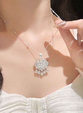 金町牡丹如意锁纯银平安锁项链女999足银正品新中式国风长命锁包