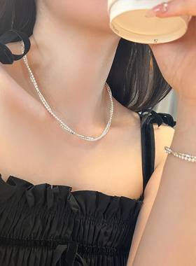 金町缠绕碎银子珍珠项链女纯银双层叠戴毛衣链2025新款爆款锁骨链