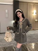 Big Code Day Ensemble Pure Desire College Wind Knit Dress Dress Lady Autumn Winter Navy Territorial Waters Handwear Fat Mm Bag Hip Short Skirt Tide