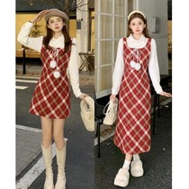 Big Code Womens Dress Academy Wind Leave Two Plaid Woolen Dresses Dresses Dresses Autumn Winter Advanced-Temperature-Sensitive Soft-to-be-a-Ed Dress