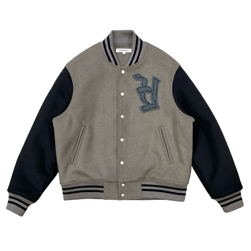 [UNKNOWNWORLD FW21牛皮袖/毛呢袖重磅灰绿羊毛呢毛巾绣棒球服夹克]