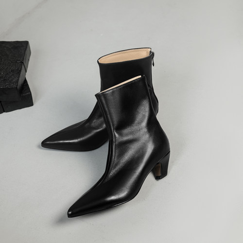 MIA真皮韩版尖头短靴女冬季黑色低粗跟百搭法式5CM跟显瘦瘦靴气质 - 图2