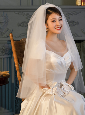 新娘头纱结婚礼领证复古轻婚纱旅拍短款双层素纱网红拍照道具头饰