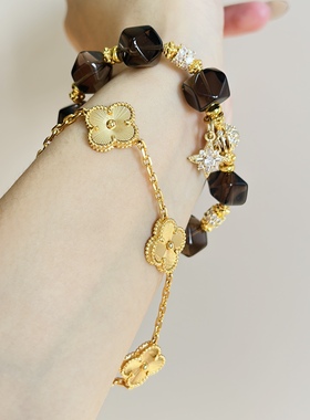 天然茶晶切面随行手链女款单圈简约风格饰品礼物送女友闺蜜