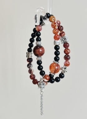 天然黑碧玺红胶花双圈手串女款简约风格饰品礼物送女友闺蜜