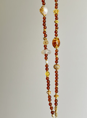 【万能链】天然橙石榴石琥珀天然淡水珍珠项链设计感高级气质