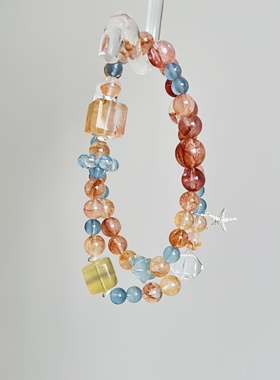 天然红胶花海蓝宝黄胶花水晶设计款手串双圈