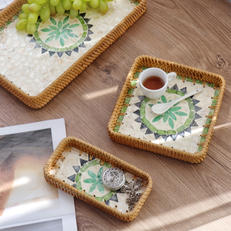 东南亚进口手工藤编贝壳托盘水果盘家用客厅点心收纳茶盘贝母方盘,淘宝优惠券,粉丝福利购,淘宝优惠卷